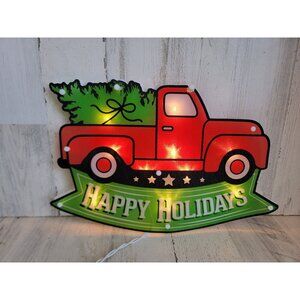 Light up red pickup trucks tree Xmas hanging wall sign decor vintage style